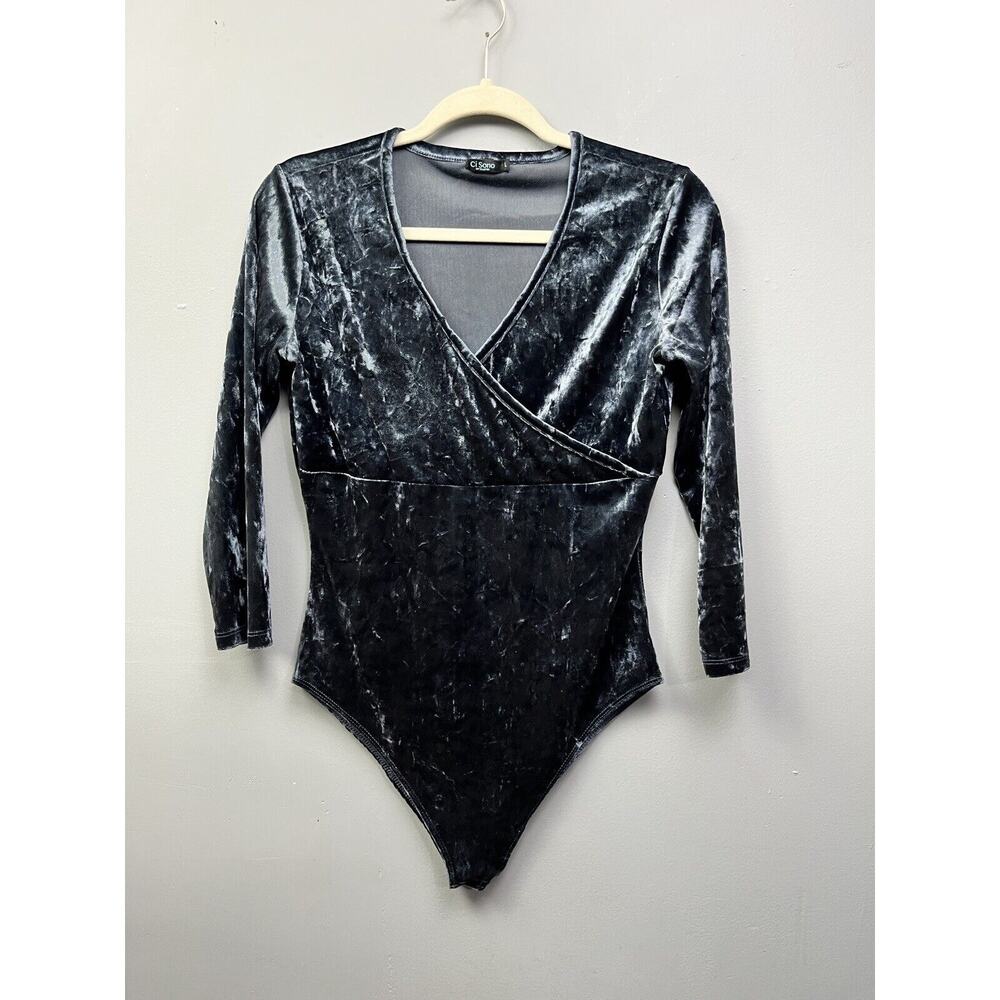 Ci‎ Sono Bodysuit Womens Large Velvet Crossover V Neck 3/4 Sleeve Black Blue
